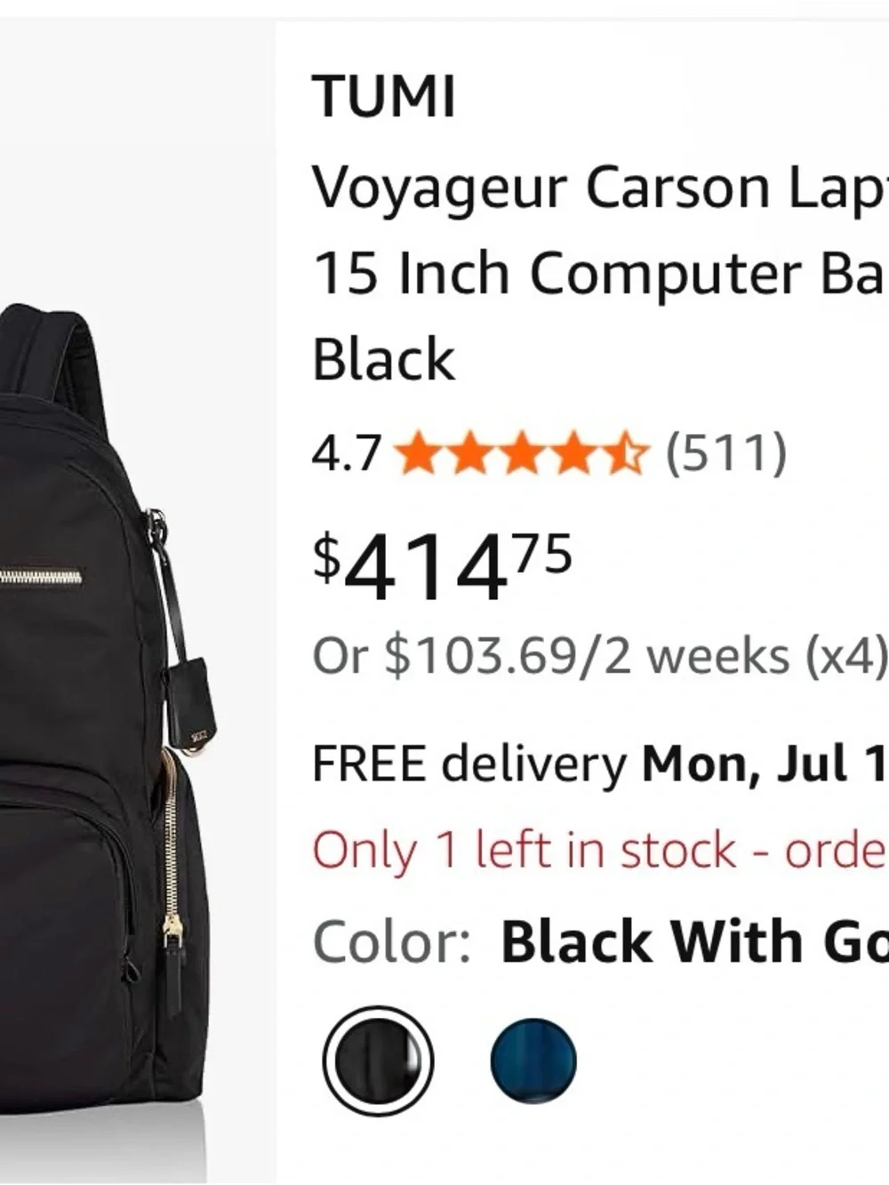 Tumi Black Nylon Backpack with Gold-Tone Hardware